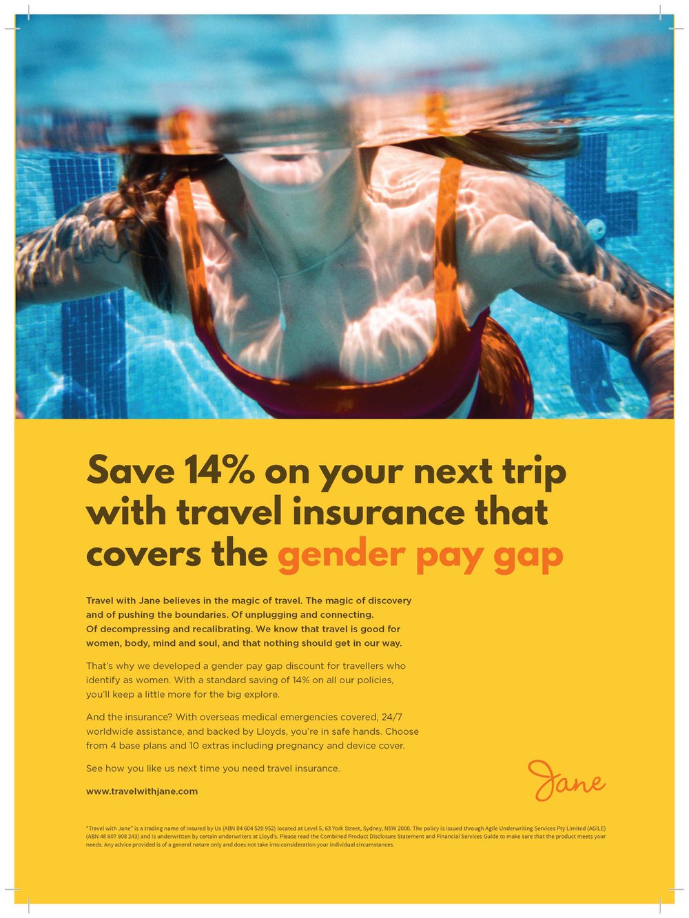 Travel with Jane gender pay gap print advertisement