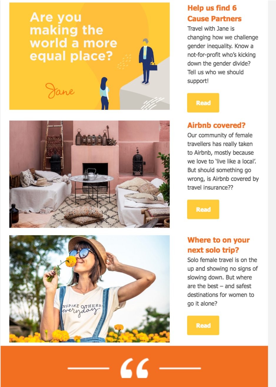 Travel with Jane newsletter after the brand refresh, curated and built in HubSpot